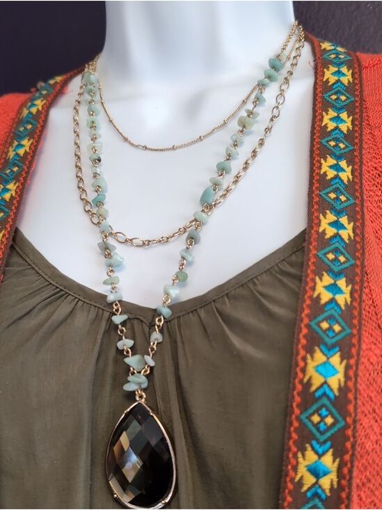 Avon Jewelry - Avon Gold Layered Necklace with Pale Green Beads and Smoky Teardrop